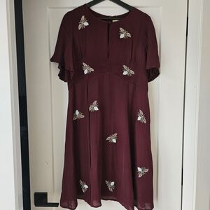 Anthropologie Burgundy Midi Dress with Embroidered Accents